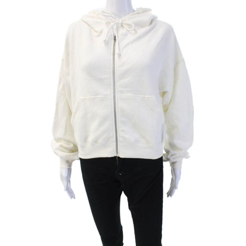 Set Womens Full Zip Hoodie White Cotton Drawstring Long Sleeve Size XS
